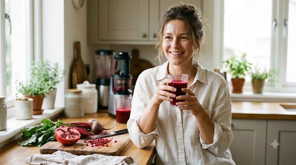 A woman smiling and happily drinking a glass of the homemade beetroot pomegranate drink looking refreshed