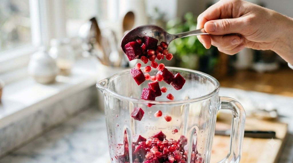 A close-up of fresh beetroot and pomegranate being added to a blender for the natural collagen drink recipe