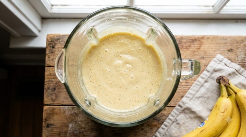 A blender with pureed wet ingredients for banana bread showing a smooth yellow mixture
