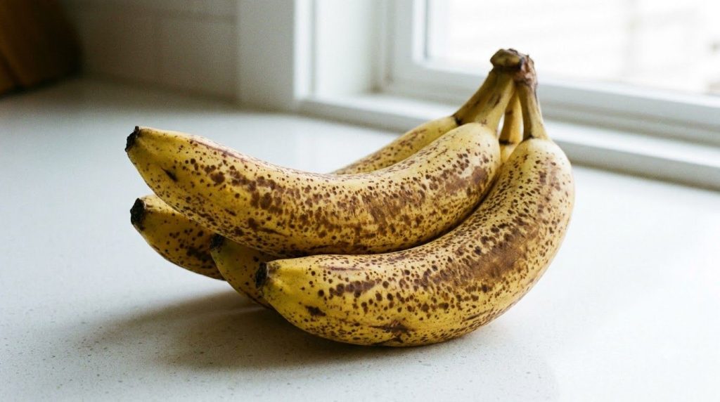 Ripe bananas with brown spots on a kitchen counter ready to be used for banana bread