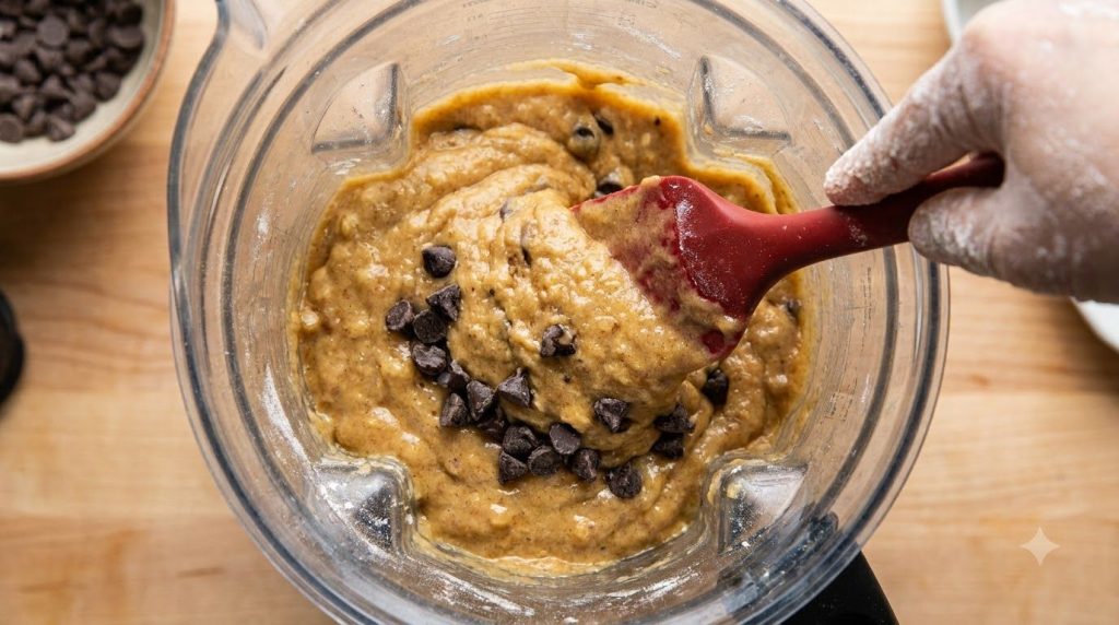 Blender container with banana bread batter and chocolate chips being stirred in with a spatula