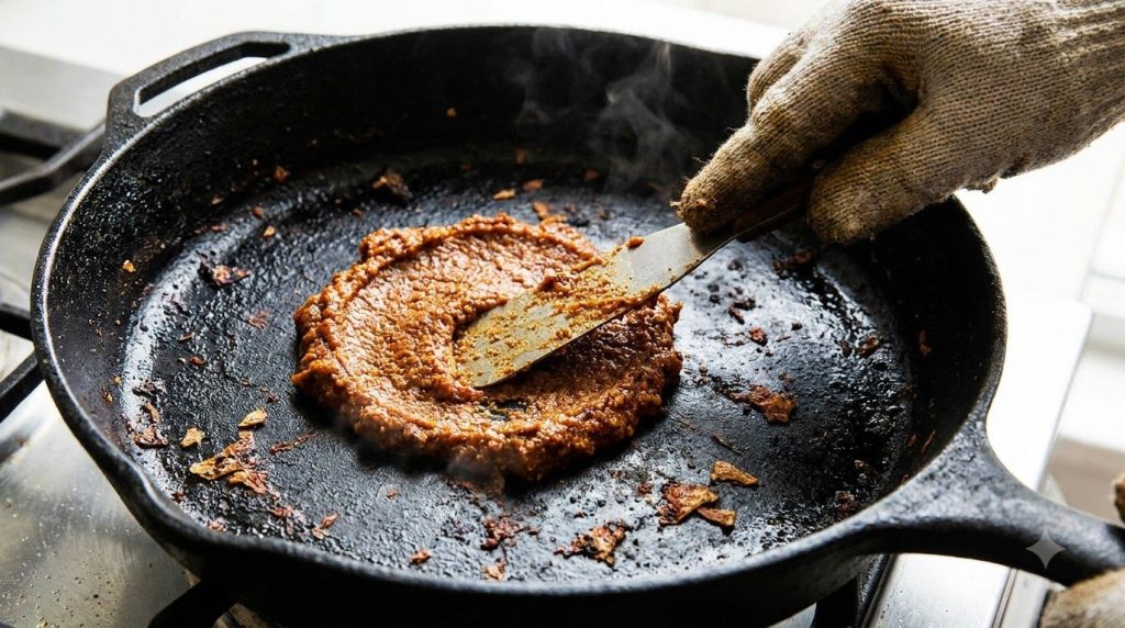 A close-up of a hand applying the ketchup and baking soda paste onto a burnt black stained pan
