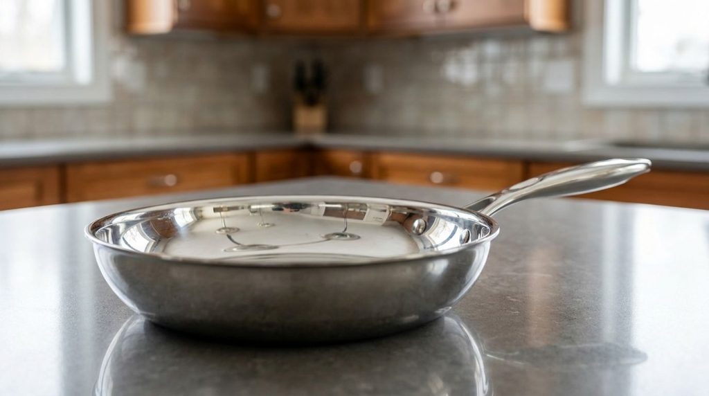 A sparkling clean pan free of burnt residue reflecting light placed on a kitchen counter