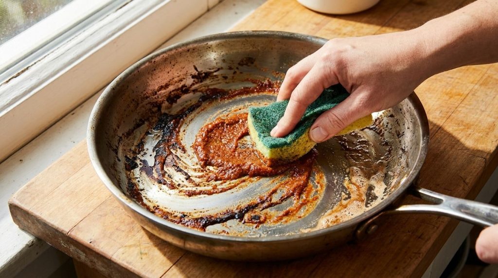 A hand scrubbing a pan with the applied paste showing burnt residue lifting off