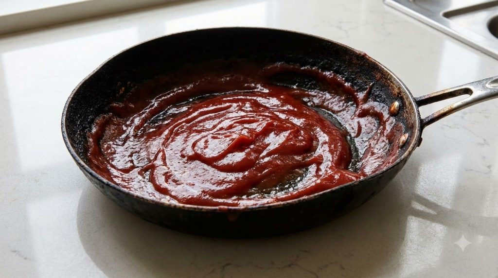 A burnt pan completely covered with a thick layer of ketchup resting on a kitchen counter
