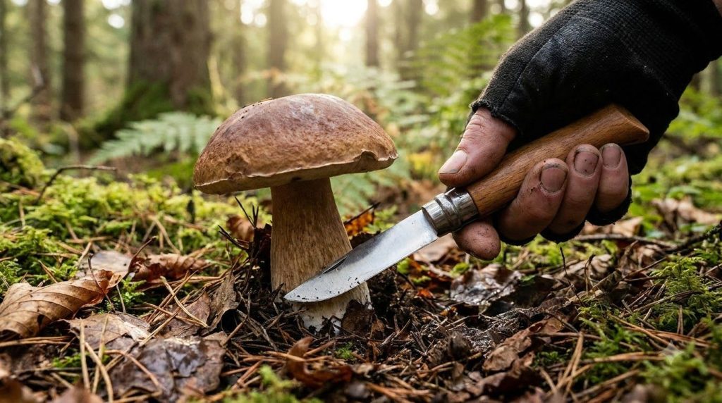 A person s hand gently cutting the stem of a wild mushroom at its base with a small knife in a forest setting