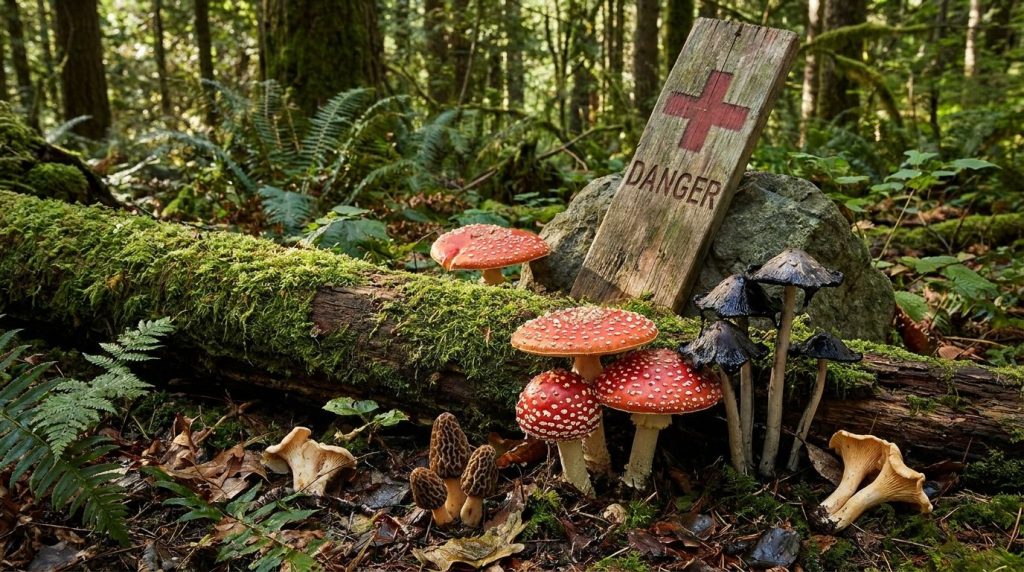 A variety of poisonous wild mushrooms clearly displayed next to edible ones with a danger sign or red cross emphasizing 
