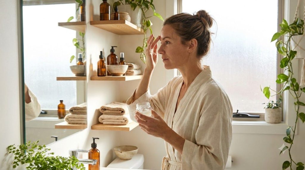 A woman s hands gently applying a thin layer of the homemade aspirin and baby oil gel onto her clean face focusing on ar