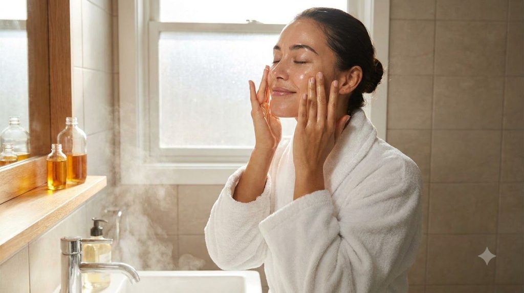 A woman gently massaging a few drops of facial oil onto her cheek and forehead with a serene expression in a well-lit ba