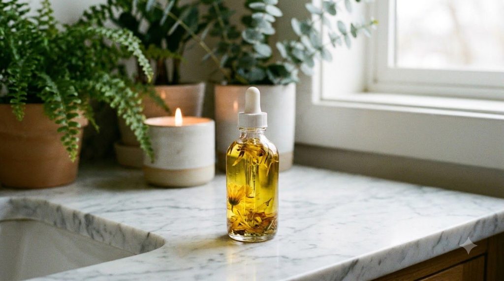 A small clear glass bottle filled with a golden infused oil possibly with a dropper top against a soft spa-like backgrou