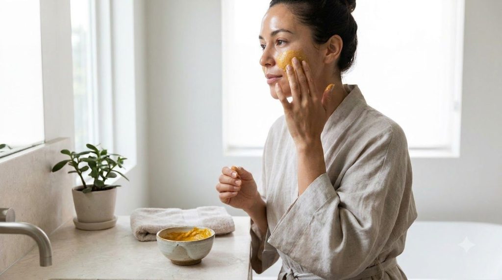 Una mujer aplicando una mascarilla facial de color amarillo intenso en su rostro con un recipiente pequeño con la mezcla