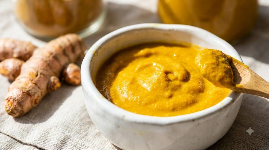 A close-up of a small bowl containing a yellow paste showing Vaseline mixed with turmeric powder with a spoon beside it