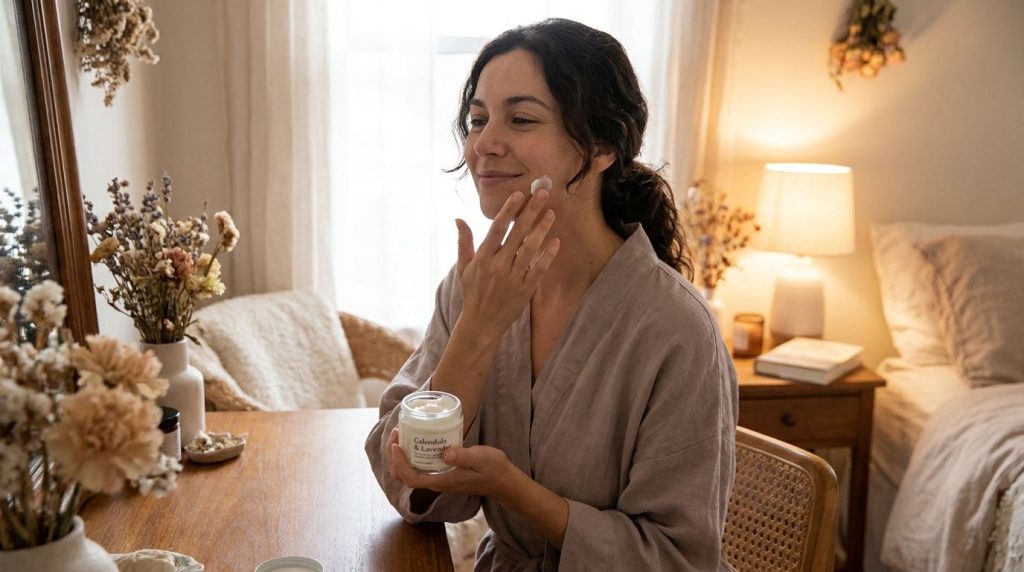 A woman gently applying a small amount of the homemade cream to her face and neck before bedtime demonstrating the night