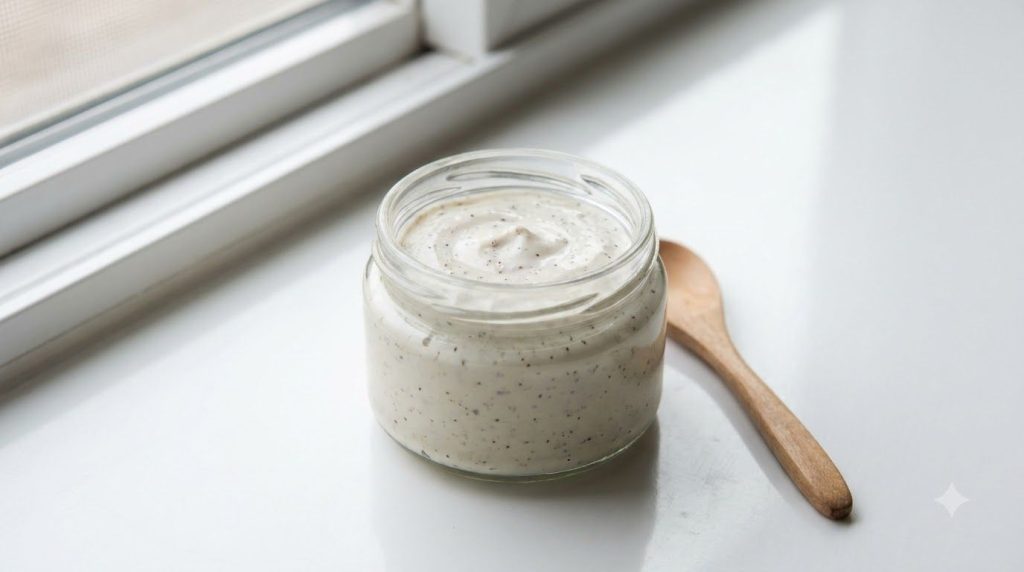 A small clean glass jar filled with the freshly mixed homemade anti-aging cream showing its smooth texture and subtle da