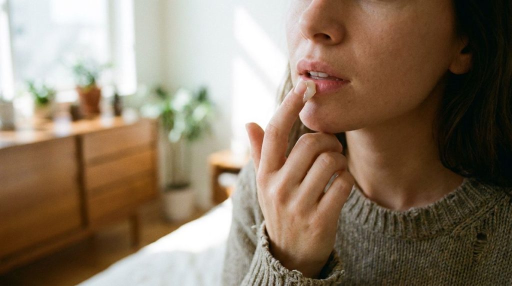 A woman gently applying Vaseline to her lips as a moisturizer with soft focus on the lips and product
