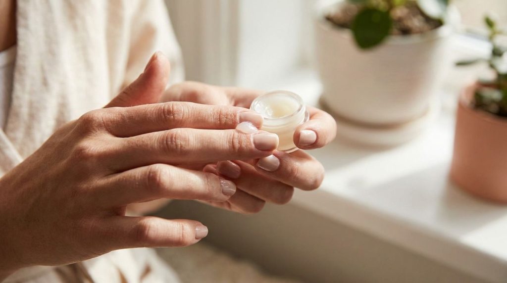 A close-up of a woman gently rubbing a tiny amount of Vaseline onto her dry cuticles showcasing nail care