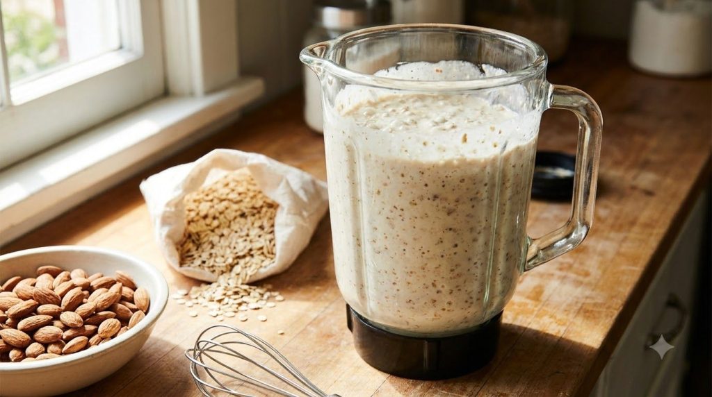 Blender filled with almond oat cake batter ready to be blended
