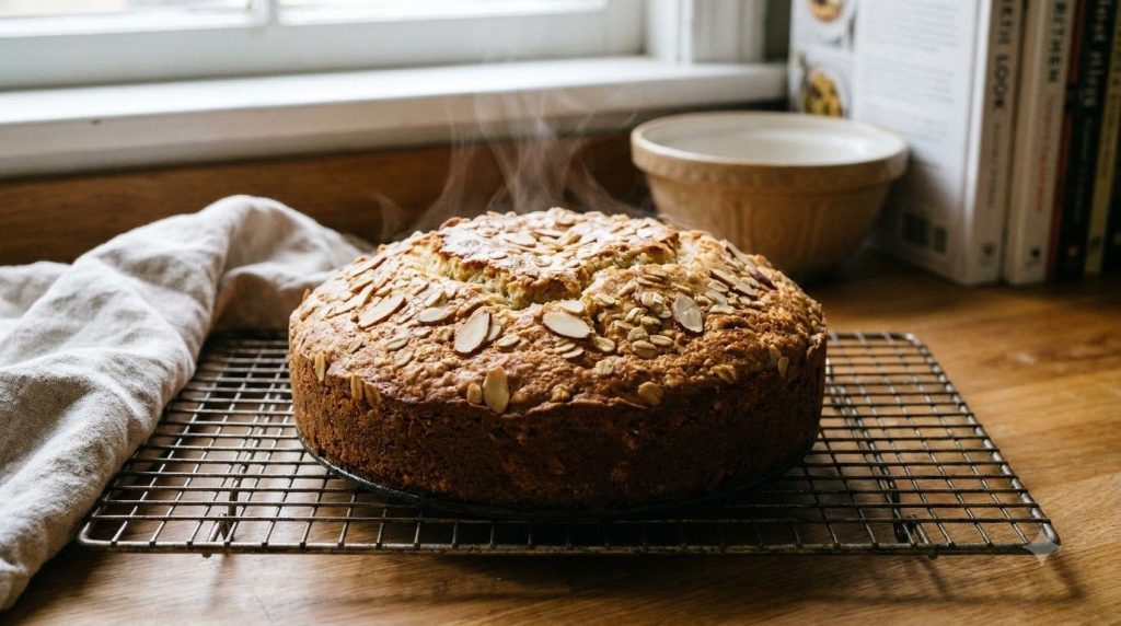 Freshly baked almond oat cake cooling on a wire rack