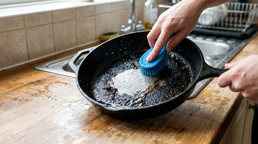A person s hand vigorously scrubbing a burnt frying pan with a blue scrub brush revealing a cleaner metal surface undern