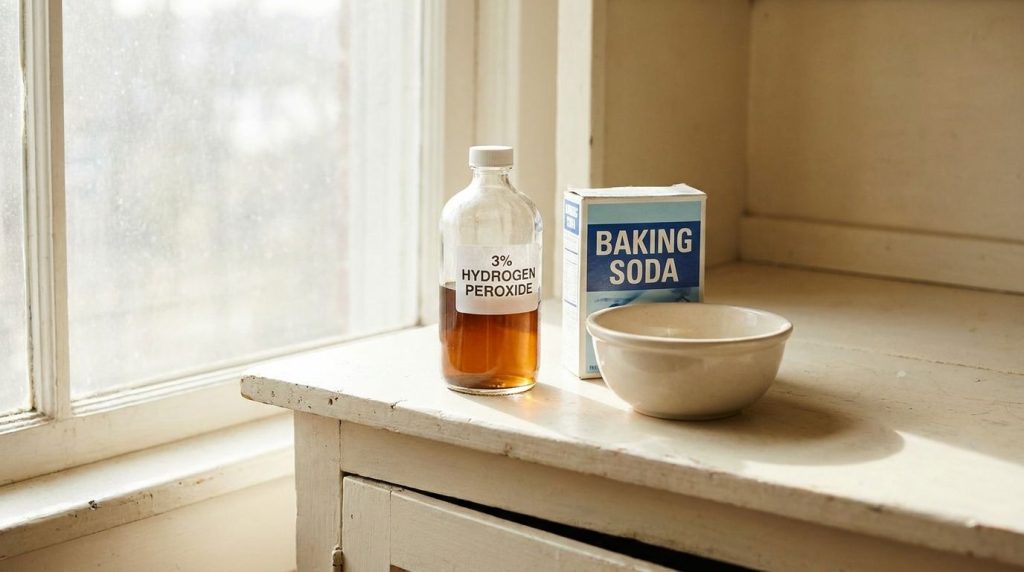 Ingredients for cleaning a clear bottle of 3 hydrogen peroxide a box of baking soda and a small mixing bowl on a clean k