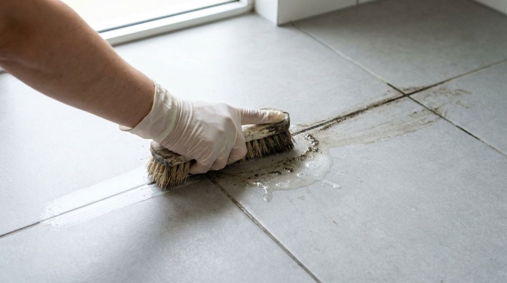 A hand scrubbing grout lines in a tiled bathroom floor with a small brush and the homemade cleaning paste showing a clea
