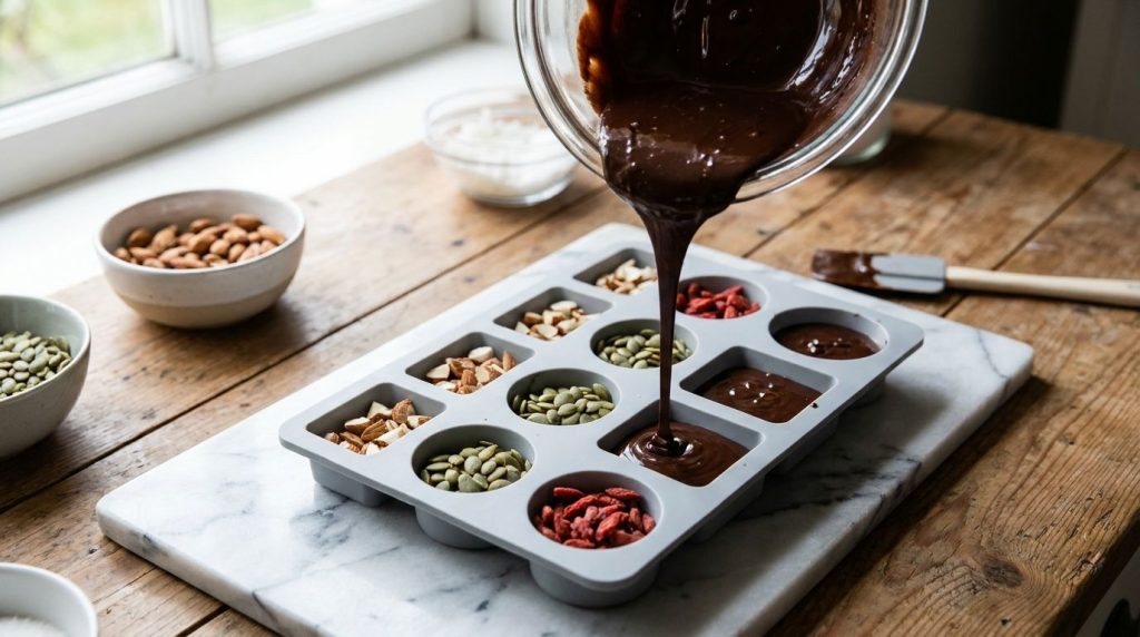 A variety of healthy homemade chocolates being poured into silicone molds with nuts and seeds visible as optional toppin