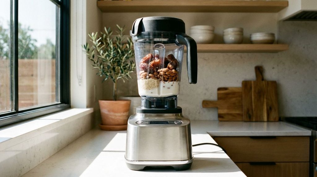 A powerful blender filled with dates milk almonds and sesame seeds ready to be blended The ingredients are clearly visib
