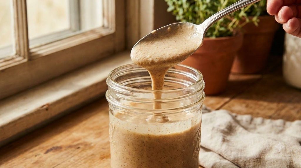 A close-up of a serving spoon scooping the creamy date and milk elixir from a jar The texture looks rich and appealing
