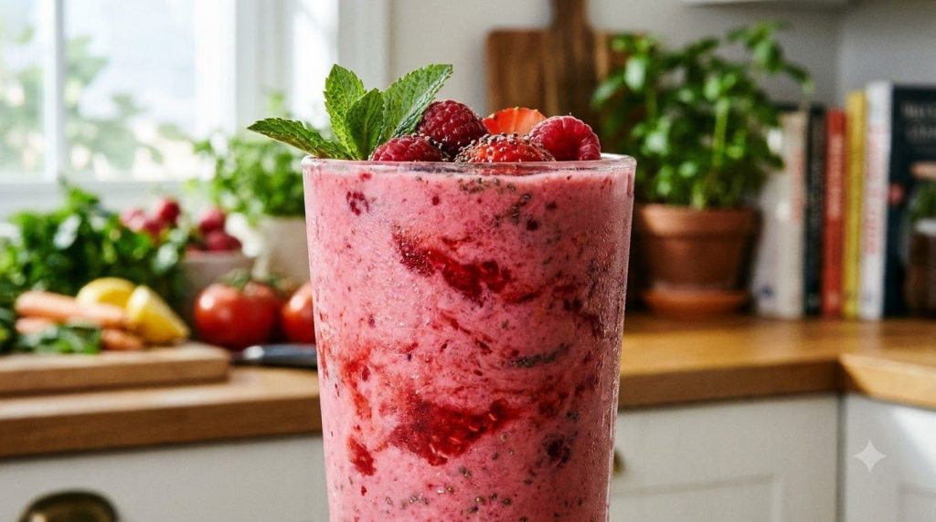 Close-up of a glass of a pink or red smoothie with focus on the texture and appealing color against a blurred background
