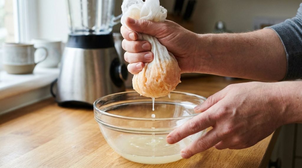 Hands squeezing onion pulp through a cheesecloth into a bowl to extract onion juice with a blender in the background