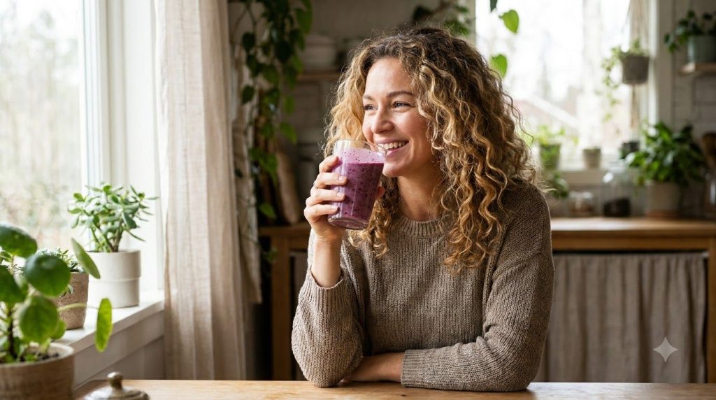 A woman smiling and drinking a berry smoothie from a glass looking happy and healthy with soft natural light