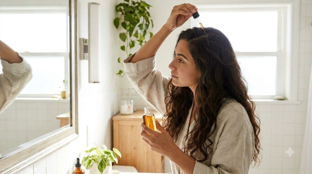 A woman gently massaging onion juice into her scalp with her fingertips demonstrating the application method for the hai
