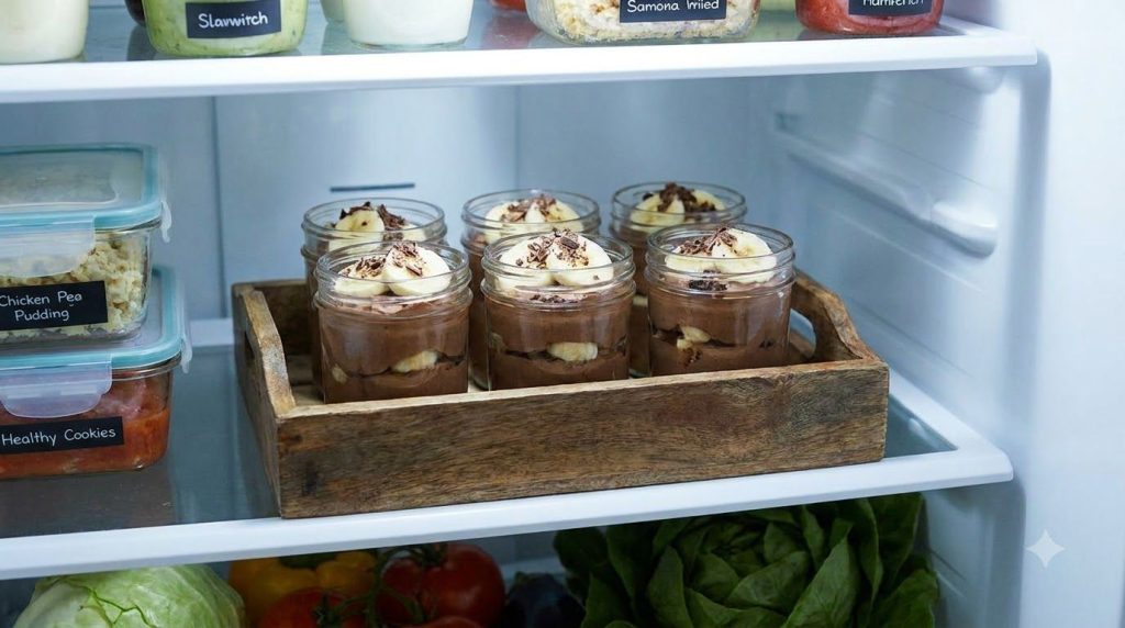 Several small glass jars filled with the banana chocolate dessert neatly arranged on a tray in a refrigerator indicating