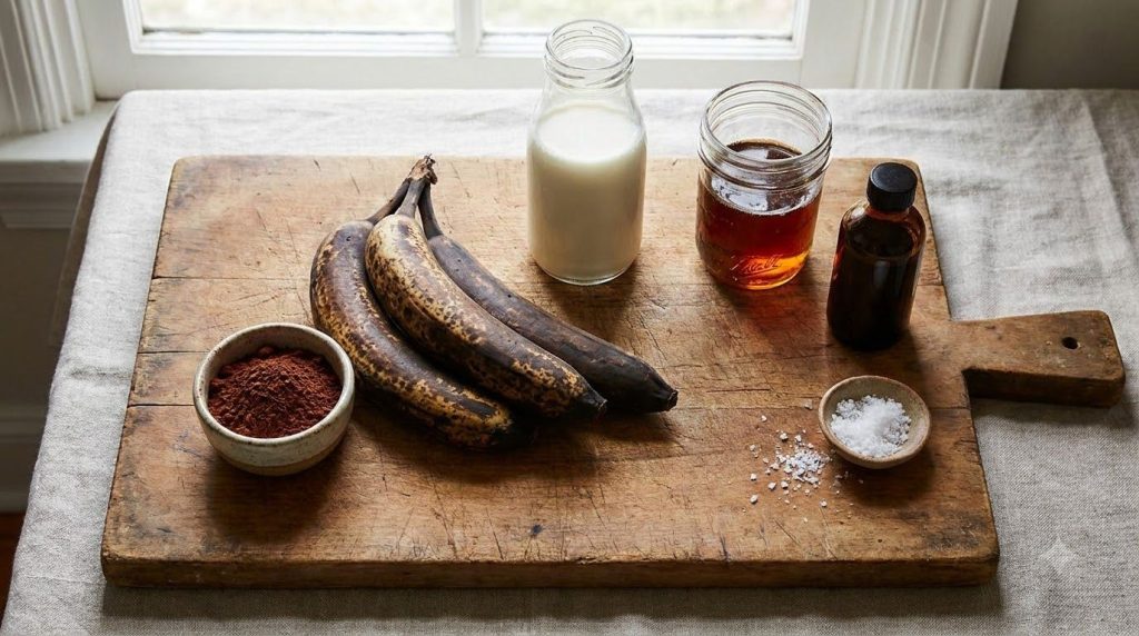 Ingredients for banana chocolate dessert laid out on a wooden cutting board ripe bananas cocoa powder milk maple syrup v