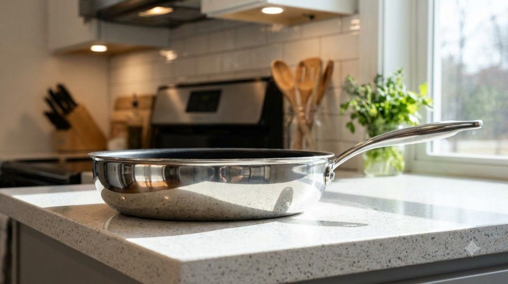 A sparkling clean frying pan after being cleaned sitting on a kitchen counter reflecting light and looking brand new
