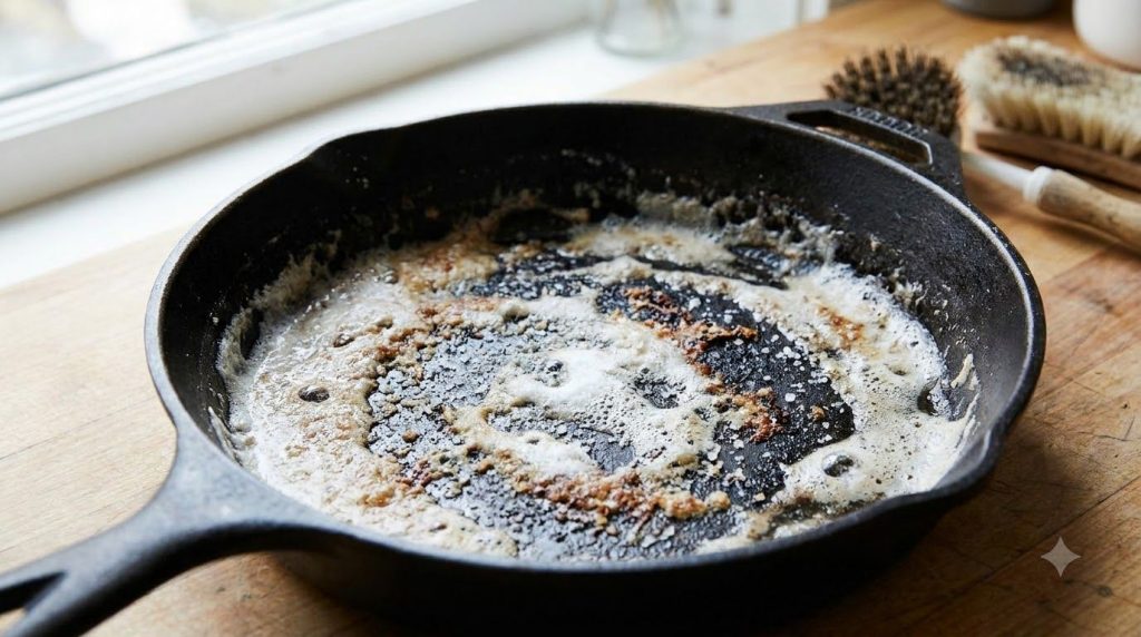 A close-up of a dirty frying pan with a thick paste of baking soda salt and dish soap applied to its burnt surface ready