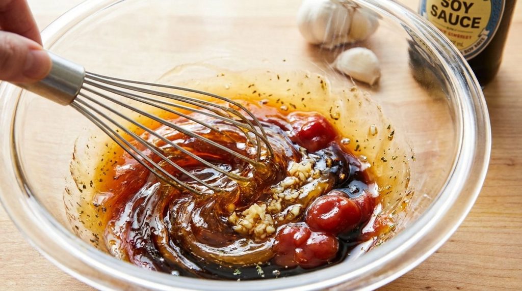 Ingredients for honey garlic sauce being whisked in a bowl