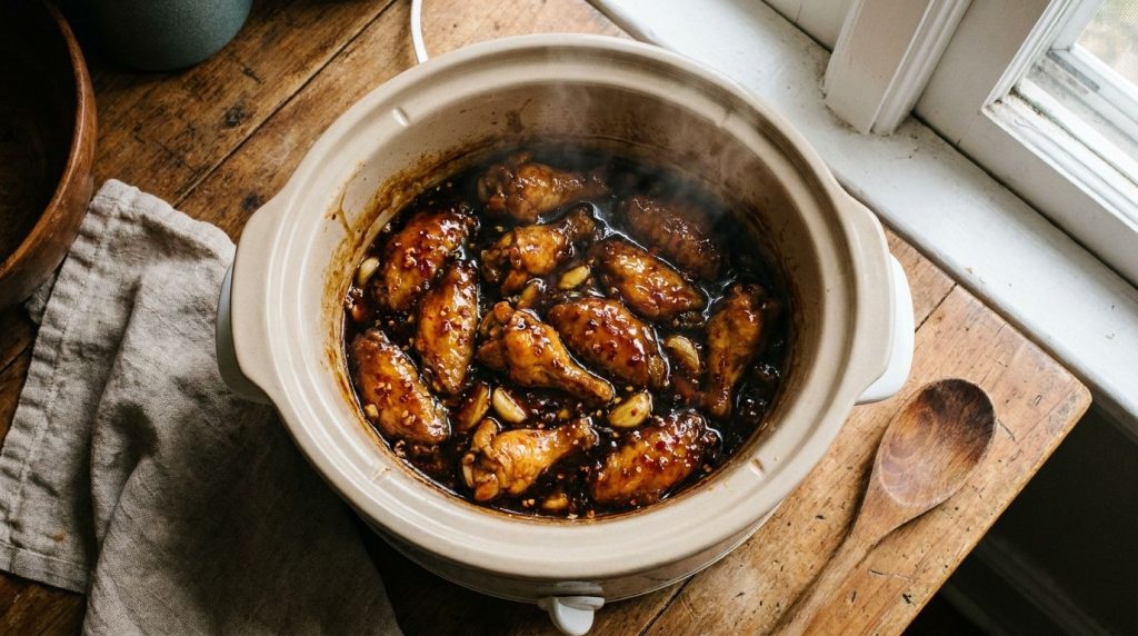 Cooked chicken wings in slow cooker with sauce