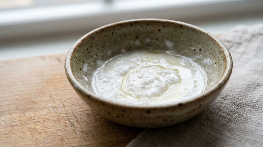 Close-up of a small bowl containing the mixed DIY mask a creamy white paste with a slight sheen ready for application Ne