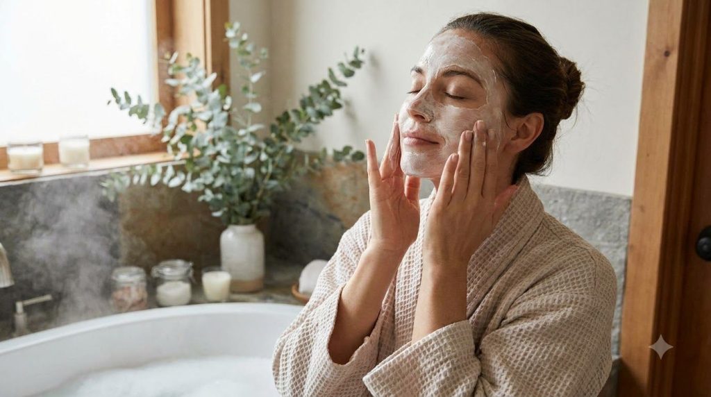 A woman s hands gently applying a white mask to her clean face with a blurred background showing a serene bathroom or sp