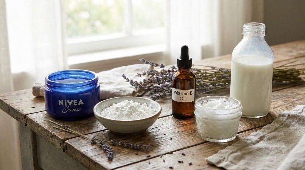 Close-up shot of various natural ingredients on a wooden table including a Nivea Creme jar a small bowl of cornstarch a 