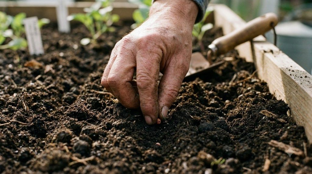 A close-up of a gardener s hands gently pressing a newly planted seed into the soil in a raised garden bed showing prope