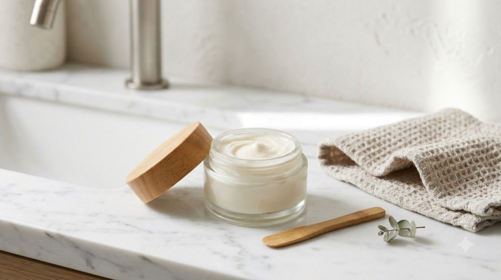 A small glass jar containing the finished Ageless Blend Radiant Boost cream with a texture that is smooth and creamy The