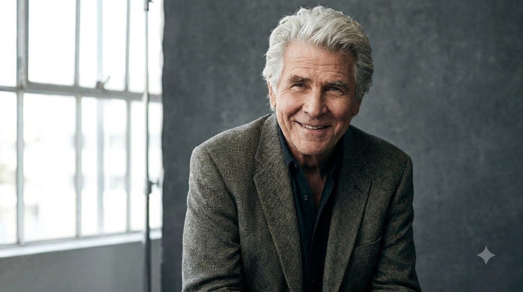 A portrait of James Brolin a handsome man with silver hair and a warm smile