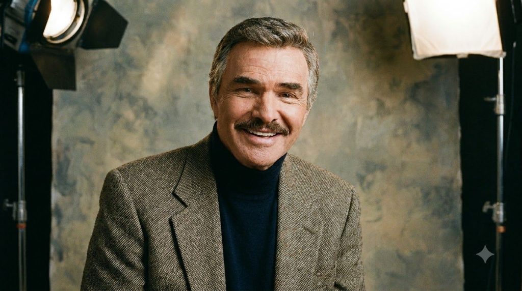 A classic portrait of Burt Reynolds with his signature mustache and charismatic smile