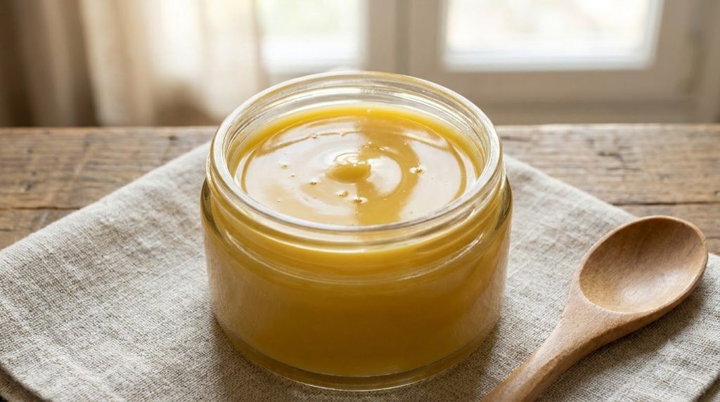A small glass jar filled with the freshly made golden aloe cream showcasing its smooth and shiny texture