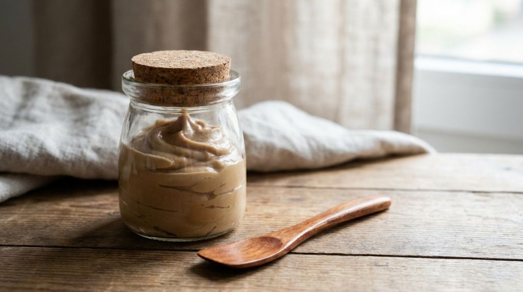 A small clean glass jar filled with the freshly made homemade coffee and Vaseline collagen cream with a small spatula be