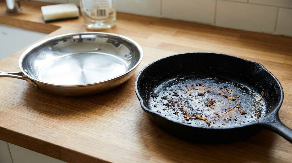 A sparkling clean pan next to a dirty greasy pan showcasing the before and after effect of the cleaning solution