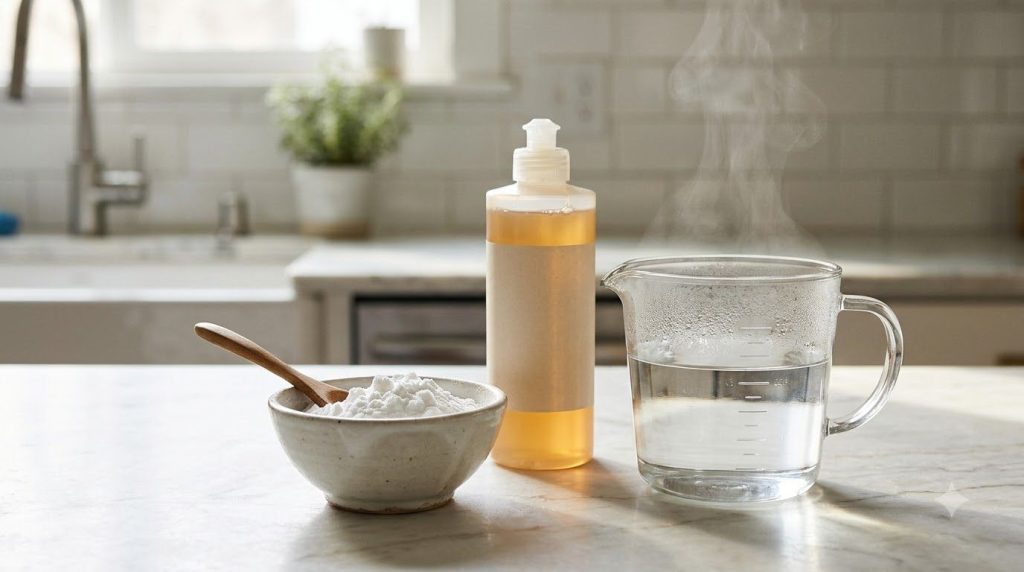 Ingredients for cleaning a bowl of baking soda a bottle of dish soap and a measuring cup of hot water on a kitchen count