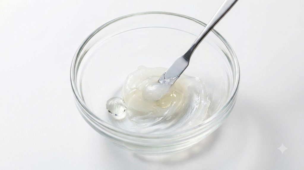 A small bowl containing Vaseline and a small amount of clear liquid representing Vitamin E oil being mixed with a tiny s
